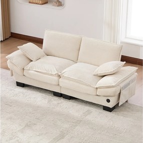 Sofa dwuosobowa z kordu - 190 x 73 x 84 cm - z portem USB i kieszeniami - wypełnienie z pianki - beżowa
