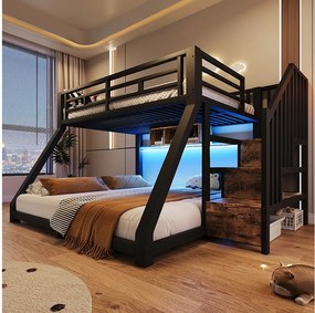 Łóżko piętrowe dla dzieci - 90 x 200 cm + 140 x 200 cm - z diodami LED + półka + drabinka - metalowe - czarne