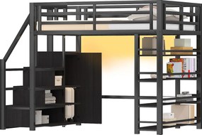 Łóżko na antresoli metalowe 140x200cm - z LED - drabina z pojemnikami - z szafą i półkami - Czarny​ (bez materaca)