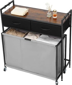 Kosz na Pranie SucceBuy Kosz na Pranie z 3 Przegródkami na Kółkach, Wyposażony w Wysuwaną Torbę, Drewniany Blat, 2 Szuflady i Haczyki, do Porządkowania Ubrań