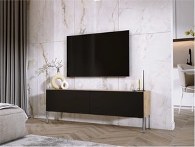 Szafka RTV: Dąb Wotan / Czarny Mat, Nogi Chrom, 140 x 52 x 32 cm