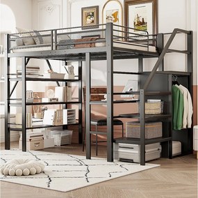 Łóżko piętrowe dla dzieci - 140 x 200cm - z biurkiem + szafą + schodkami ze schowkiem - metalowe - czarne