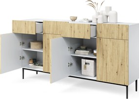 Komoda czterodrzwiowa Nicole 200 cm z szufladami - biały / dąb artisan / czarne nóżki