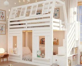 Łóżko na antresoli dla dzieci 90x200cm z LED - Barierki bezpieczeństwa i drabina z pojemnikami - MDF + Drewno lite - Biały​ (bez materaca)