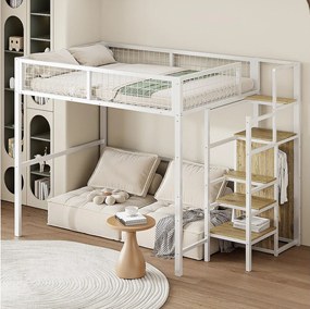 Łóżko piętrowe 140 x 200 cm – ze schodami i szafą – białe – materac nie jest wliczony w cenę