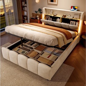 Łóżko z pojemnikiem 140x200 cm Łóżko dla dorosłych z LED i USB, zagłówek z pojemnikiem - beżowy aksamit (bez materaca)