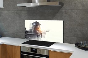 Szkło do Kuchni na Ścianę Postać na tle Panoramy Miasta