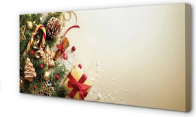 Obraz na płótnie Świąteczny Stół: Gałązki, Prezenty, Szyszki i Pierniki