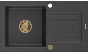 Mexen Pablo zlewozmywak granitowy 1-komorowy z ociekaczem 752 x 436 mm, czarny nakrapiany, syfon złoty - 6510751010-76-G