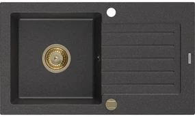 Mexen Pablo zlewozmywak granitowy 1-komorowy z ociekaczem 752 x 436 mm, czarny nakrapiany, syfon złoty - 6510751010-76-G