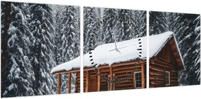 Obraz - Pokryta śniegiem chata (z zegarem) (90x30 cm)