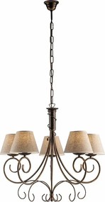 Żyrandol Wiedeń z brązowego lakierowanego żelaza, dekor stare złoto, abażury PVC z efektem juty Ø13", elegancki styl klasyczny, 5 świateł