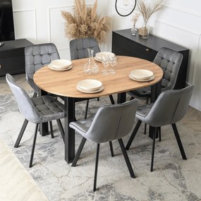 Zestaw Stół Okrągły Rozkładany HARRY 102-142 cm Dąb Craft/Czarny i 6 Krzeseł Tapicerowanych RICK Szarych Nowoczesnych