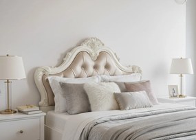 Łóżko z zagłówkiem w kształcie korony 120x200 cm Charme. Łóżko francuskie, zagłówek z kryształkami, rzeźbiony zanóżek, dekory w kształcie róży. Kolekcja La Perle.