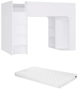 Łóżko antresola 90 x 190 cm ze schowkami - Biały - Z materacem - COLUMI