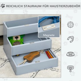 PawHut Schody dla Zwierząt Domowych z Dywanikiem Schowek Drewno Sosnowe Szary 405x445x38 cm | Aosom PL