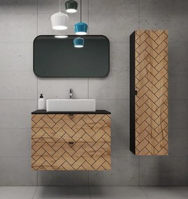 Komplet szafka pod umywalkę 80 cm ze słupkiem czarny + dąb craft złoty L3-T99