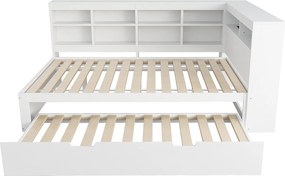 Łóżko banquette 140x200 cm z łóżkiem wysuwanym 90x190 cm - z USB i wieloma schowkami - z litego drewna - Białe