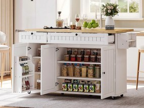 Mobilna wyspa kuchenna - rozsuwana blata - z blokowanymi kółkami - z 2 szufladami i 3 drzwiami - MDF - Biały