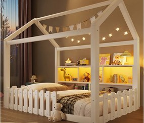 Łóżko domek dziecięcy 90x190 cm - z barierkami bezpieczeństwa - z taśmą LED - otwarte przegródki do przechowywania - biały​ (materac nie jest wliczony w cenę)
