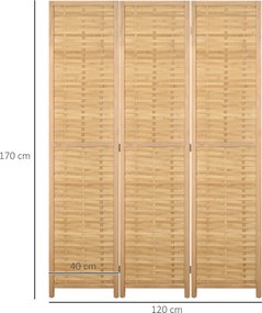 HOMCOM Parawan składany bambusowy 3 częściowy 120x170x18 cm naturalny do wnętrz | Aosom PL