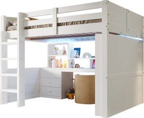 Łóżko na antresoli 140x200cm - z oświetleniem LED - z szafą + biurkiem - z 3 szufladami - z przegródkami do przechowywania - biały