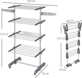 HOMCOM Stojak do prania, suszarka 5 poziomów, składany, system One-Click, 142 cm x 55 cm x 172 cm, Szary + Srebrny | Aosom PL