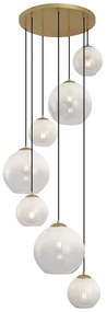Lampa wisząca w stylu Hotel Chic mosiężna z białym okrągłym szkłem 7-punktowa - MistyElegancki hotelowy Oswietlenie wewnetrzne