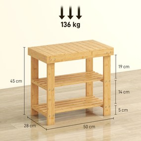 HOMCOM Ławka na buty z bambusa, regał na buty z 2 półkami, siedzisko, do przedpokoju, 50x28x45cm, naturalna