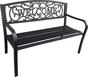 Czarna ławka ogrodowa IRYS ze stalowymi nogami i żeliwnym oparciem szerokość 127 cm
