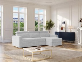 Kanapa narożna dwustronna rozkładana typu express z jasnoszarej tkaniny szenilowej - Szeroki stelaż listwowy 140 cm - Materac 22 cm z pamięcią kształtu VIZIR