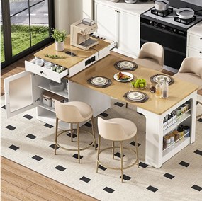 Rozkładany stół barowy z wyjmowanym blatem - 80 x 71/111/151 x 92 cm - z drzwiami + szufladą - MDF + szkło - biały + naturalny