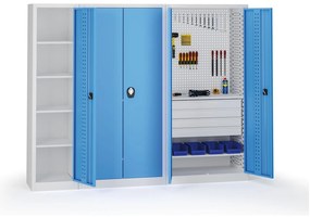 Szafa warsztatowa, 3 półki + 2 szuflady, 1950 × 950 × 500 mm, niebieskie drzwi