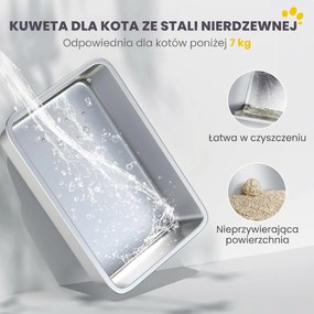 PawHut Toaleta dla kotów, kocie WC z pokrywą, łopatka do żwiru, wejście z przodu i wyjście na górze, stal nierdzewna do 15 kg