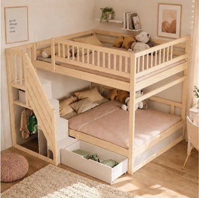 Łóżko piętrowe 2 x 140 x 200 cm ze schodkami do przechowywania, szufladą i barierkami – sosna/MDF – imitacja drewna (materac nie jest wliczony w cenę)