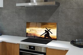 Szkło Ozdobne do Kuchni Jezus na Krzyżu o Zachodzie Słońca