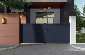 Brama wjazdowa rozwierna NAZARIO, pełna, z aluminium w kolorze antracytowym – 392 × 158 cm (szer. × wys.)