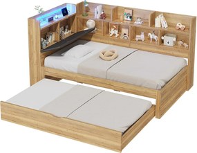 Kanapa rozkładana dziecięca 90x200cm - Z łóżkiem chowanym 90x190cm - Z oświetleniem LED i portem USB - Z półkami - Naturalny​ (bez materaca)