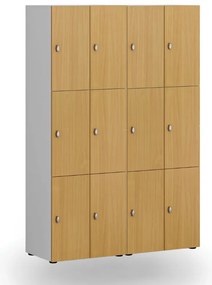 Drewniana szafka skrytkowa S4, 6 schowków, demontaż, zamek obrotowy, szary/biały