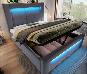 Łóżko tapicerowane ze schowkiem 90x200cm - z oświetleniem LED - z portami USB i Type-C - welur - Szary​ (bez materaca)