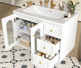 Wiszące meble łazienkowe - z ceramiczną umywalką - z 2 szufladami i 2 szklanymi drzwiami - biały (kran nie jest wliczony w cenę)