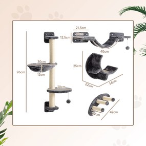 PawHut 4-częściowy zestaw drabinek dla kotów z hamakiem i mostkiem do 5 kg, ciemnoszary