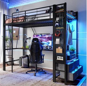 Łóżko piętrowe dla dzieci - 90 x 200 cm - konstrukcja żelazna - z biurkiem + 4 szuflady + diody LED - metalowe - czarne