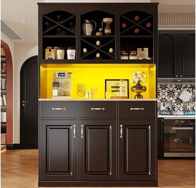 Szafka kuchenna wysoka 120x40x180cm - 3 fronty + 3 szuflady - Otwarte półki - Mebel wysoki - Z oświetleniem LED - Sekcja na wino - Czarny