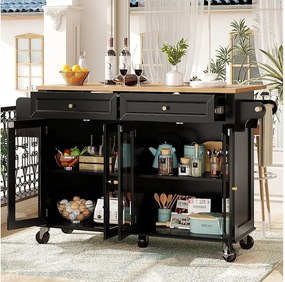 Czarna wyspa kuchenna - Wózek kuchenny z 2 szufladami i 4 szklanymi drzwiami - półka na przyprawy i wieszak na ręczniki