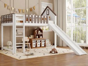 Łóżko mezzanine 90x200 cm z drabiną i zjeżdżalnią - z drewna sosnowego i MDF - Białe i Brązowe