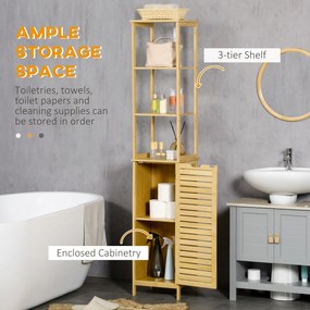 kleankin Wysoka Szafka Łazienkowa Bambusowa Żaluzjowe Drzwiczki 3 Półki 34x30x173cm | Aosom PL