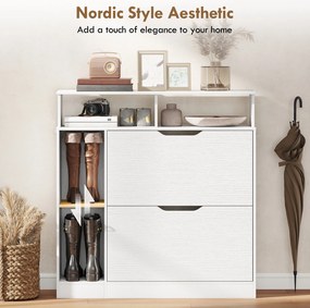 HOMCOM Szafka na buty z 2 klapami, uchylna szafka z regulowanymi przegrodami, otwartą półką na 12 par butów 89 x 25 x 92 cm biała | Aosom PL
