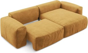 Musztardowy rozkładany narożnik z tkaniny szenilowej (prawostronny/z szezlongiem) Kuki – Makamii