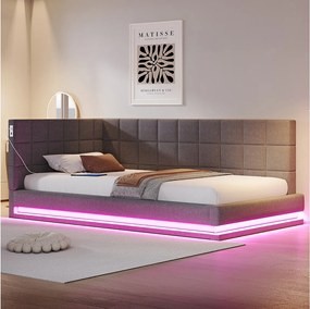 Łóżko dziecięce 90 x 200 cm - Łóżko pojedyncze z oświetleniem LED i ładowaniem USB - szary aksamit